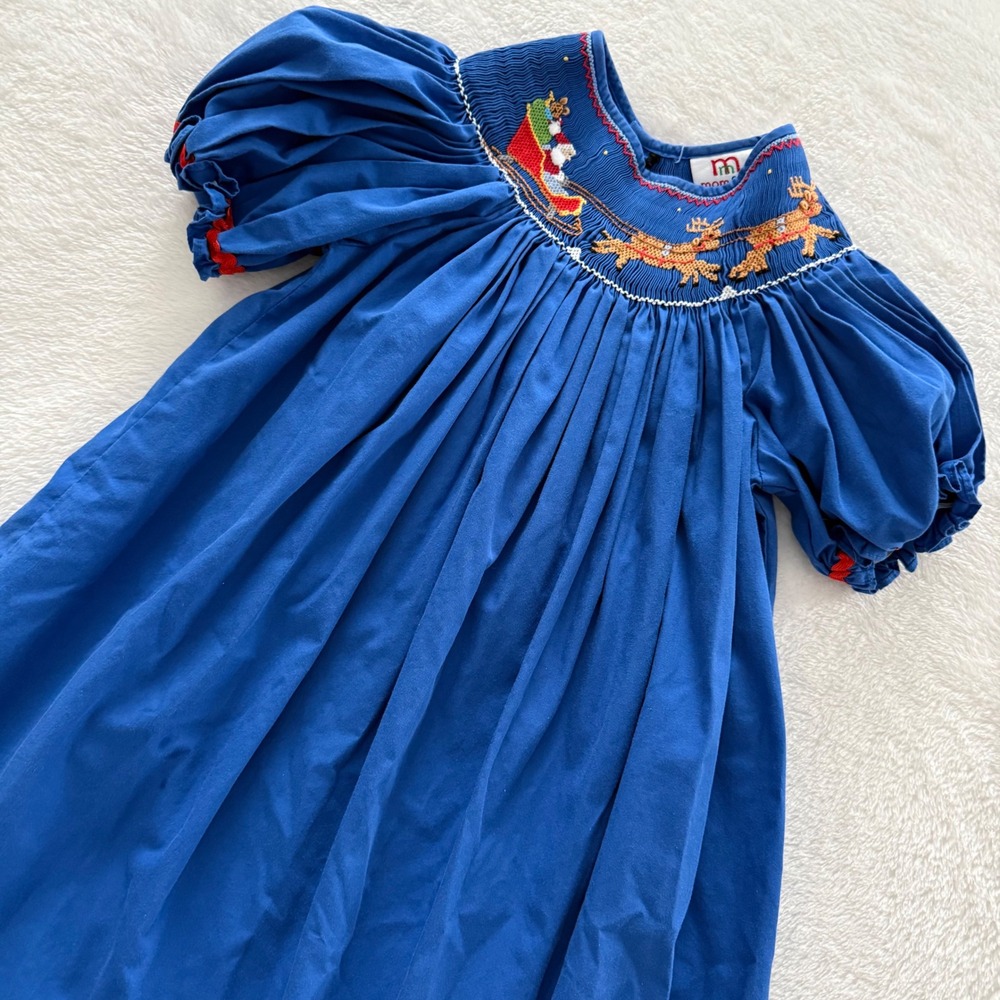 Mom &‎ Me Girls Smocked Christmas Bishop Dress Santa Sleigh Reindeer Blue Size 5
